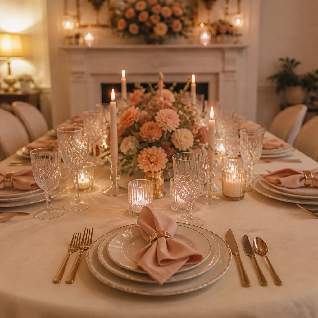 A welcoming dining table set for guests with balanced decor, candlelight, and comfortable spacing