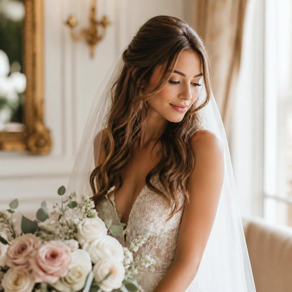 Bride with a half-up wavy hairstyle and soft volume at the crown