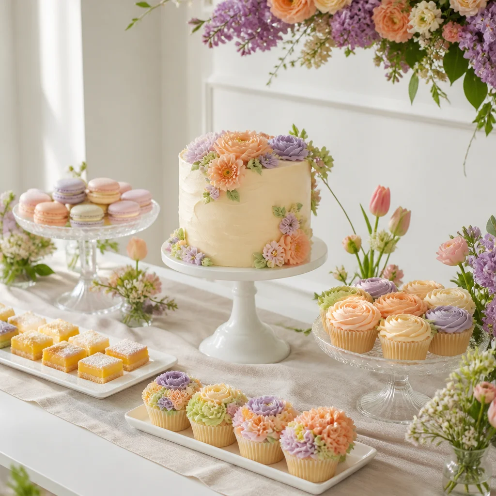 Spring pastel dessert table with floral cupcakes, macarons, and a frosted cake on white stands