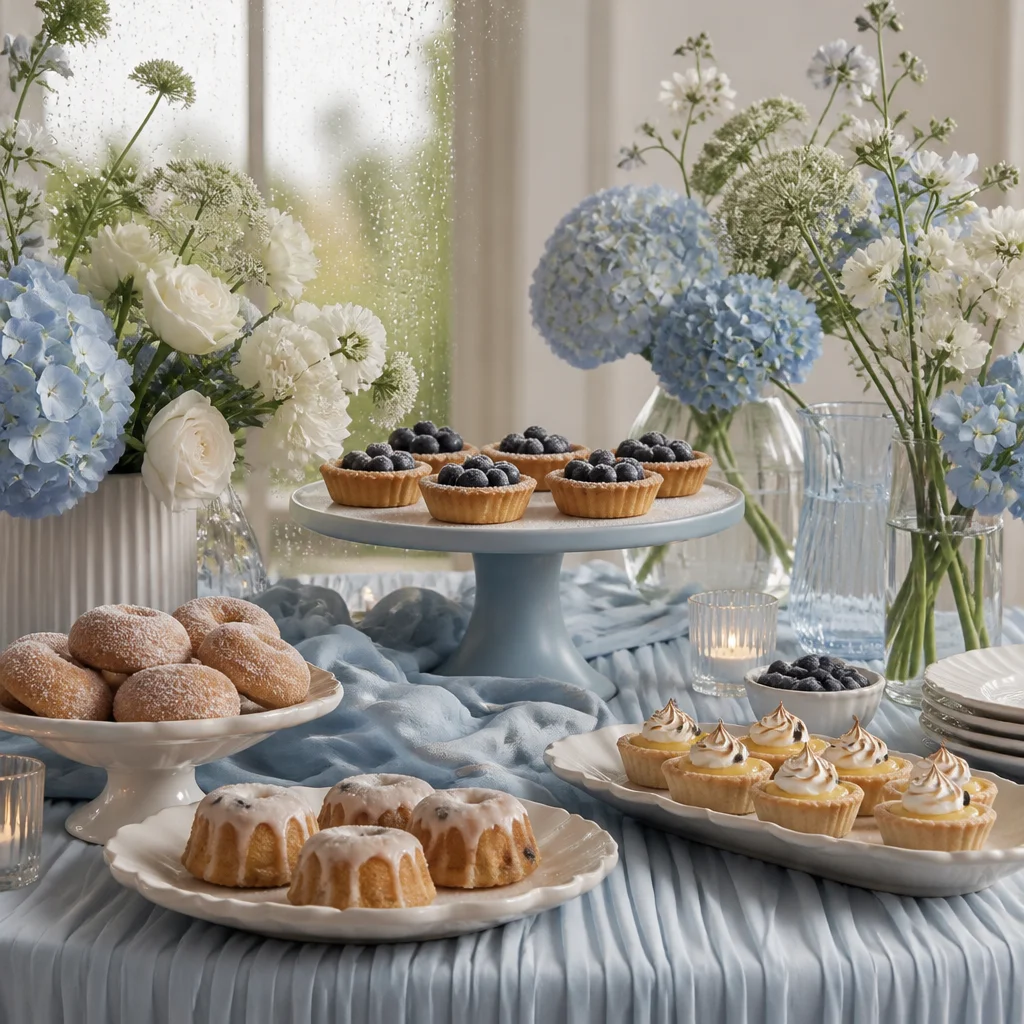 Soft blue and cream brunch dessert table with tea cakes, tarts, and elegant serving pieces