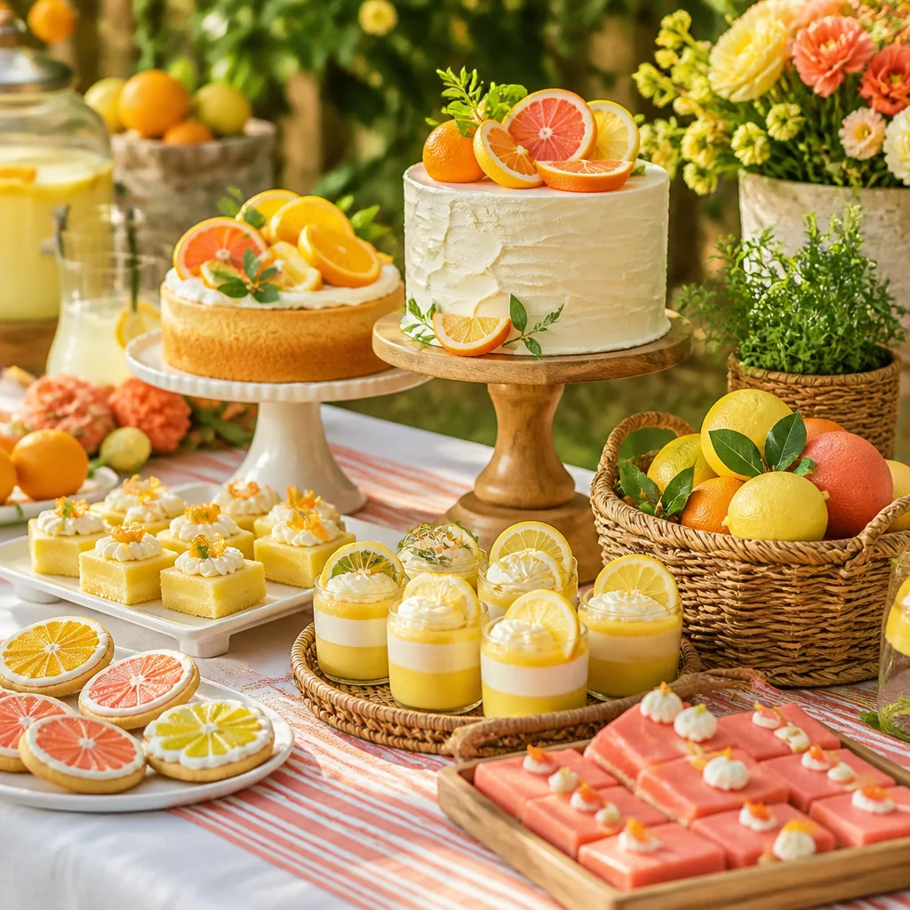 Bright summer citrus dessert table with colorful sweets, woven trays, and fresh fruit accents