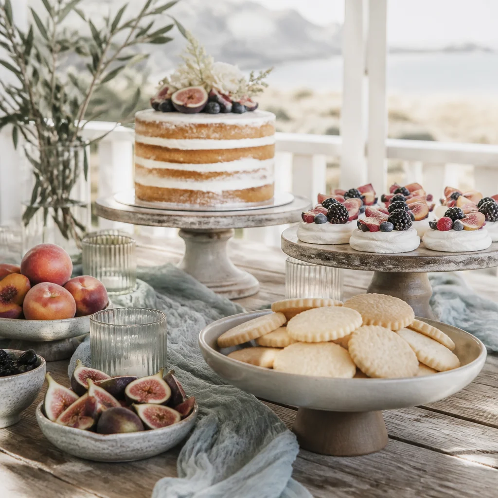 Late summer neutral dessert table with berry pavlovas, naked cake, and breezy coastal textures