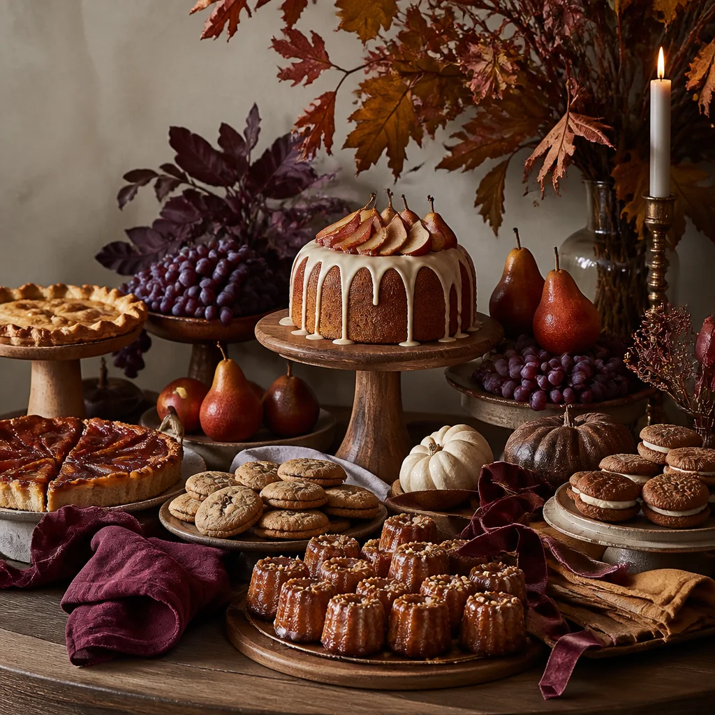 Autumn harvest dessert table with pies, cookies, amber tones, and layered natural materials