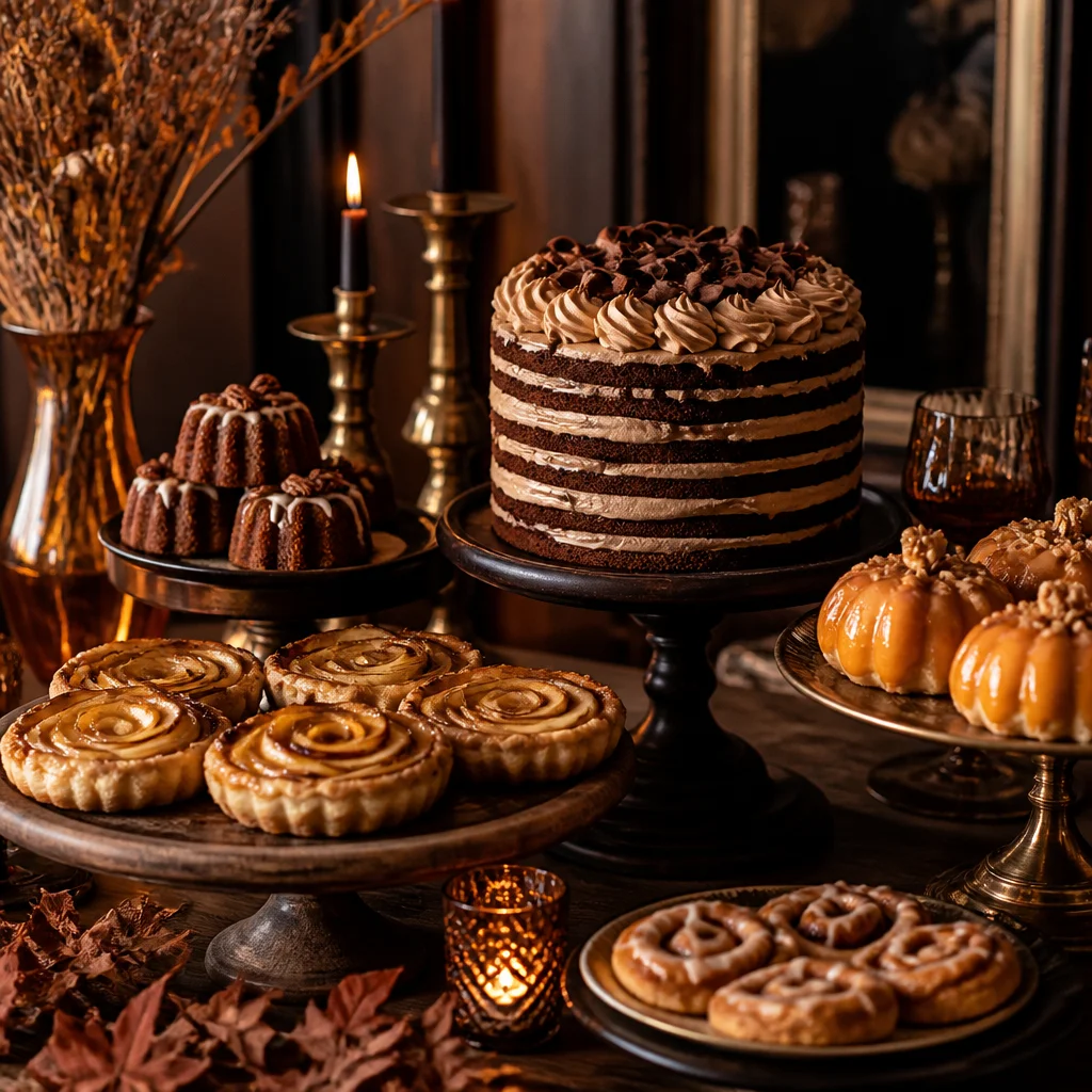 Moody fall dessert table with dark wood stands, creamy cakes, and warm candlelit accents