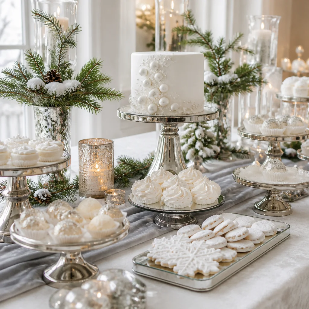 Winter white dessert table with metallic stands, meringues, truffles, and evergreen details