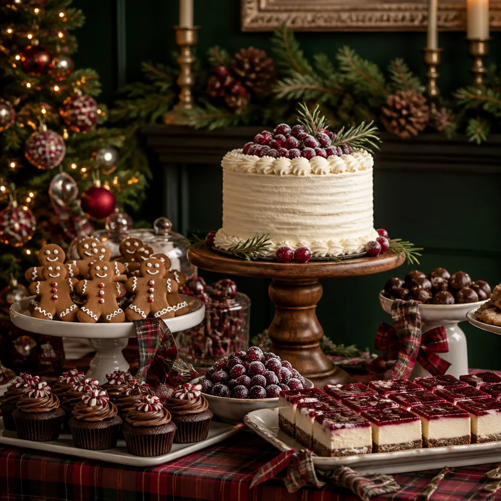 Holiday dessert table with red and green accents, gingerbread, frosted cake, and plaid linens