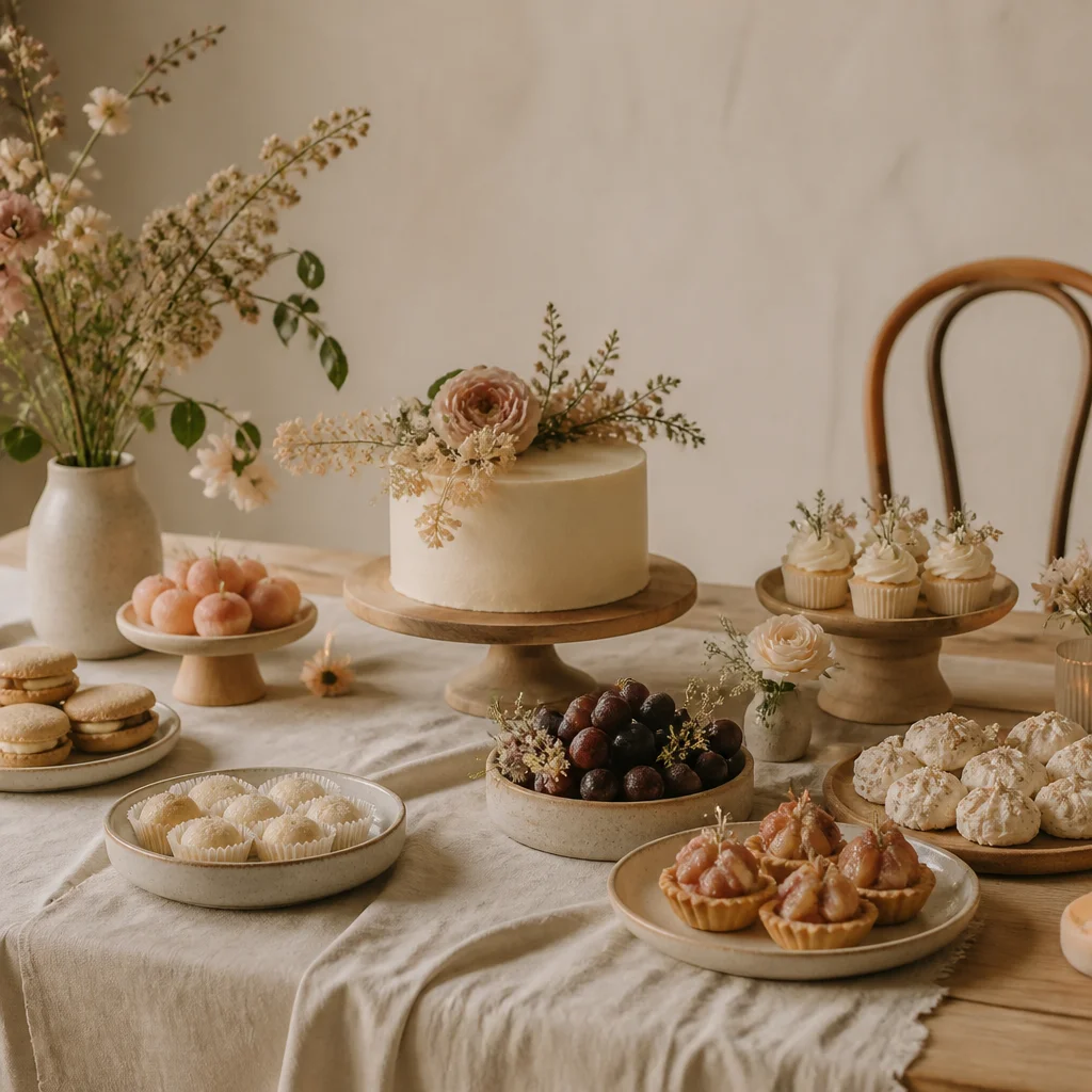 Neutral intimate dessert table with small pastries, soft blush tones, and natural wood serving pieces