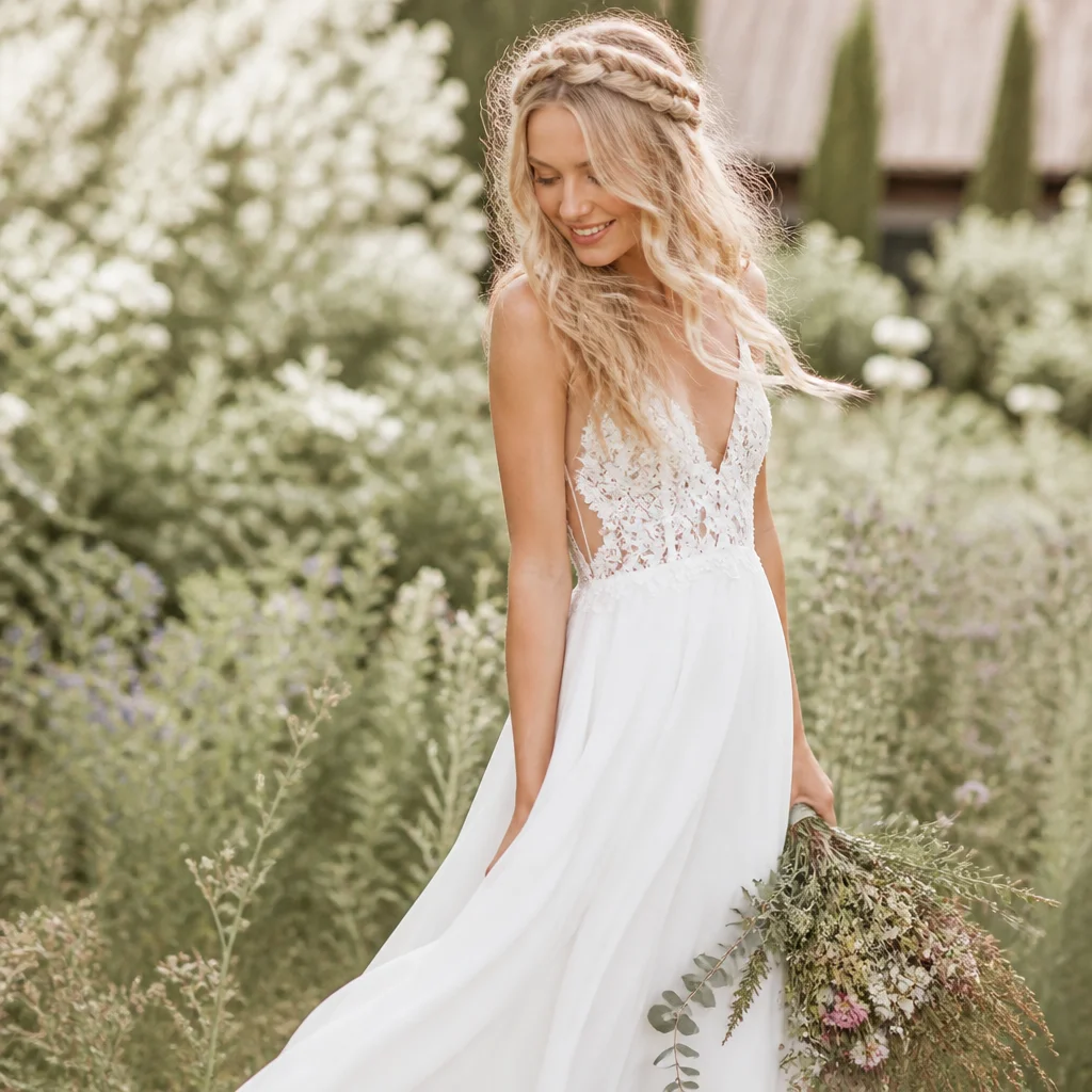 Bohemian bride wearing a loosened crown braid outdoors