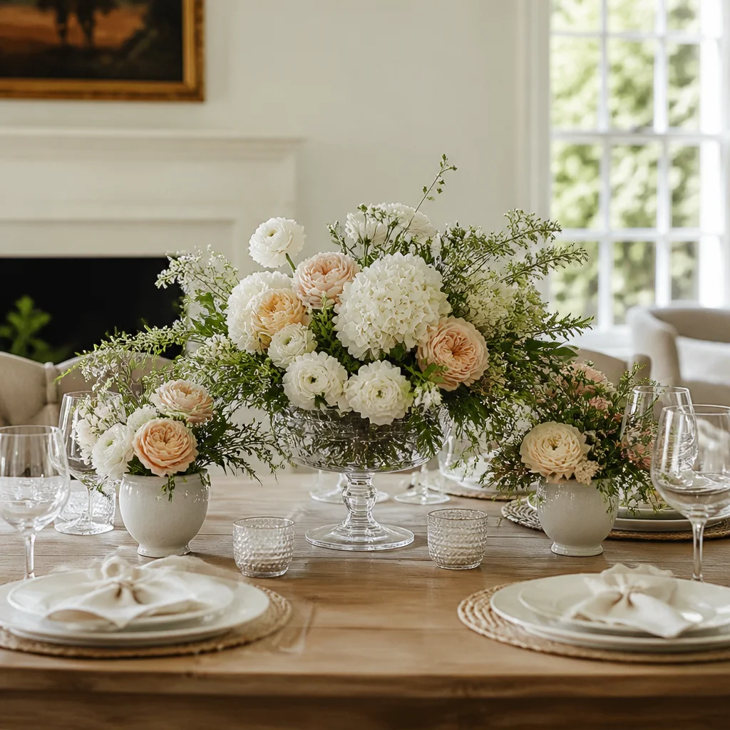 Layered neutral vessels arranged as a versatile dining table centerpiece base