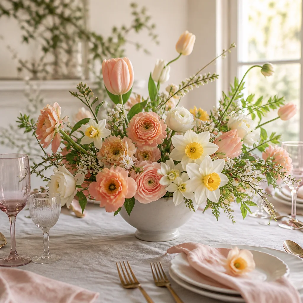Loose spring floral centerpiece with pastel blooms and fresh greenery in ceramic vessels