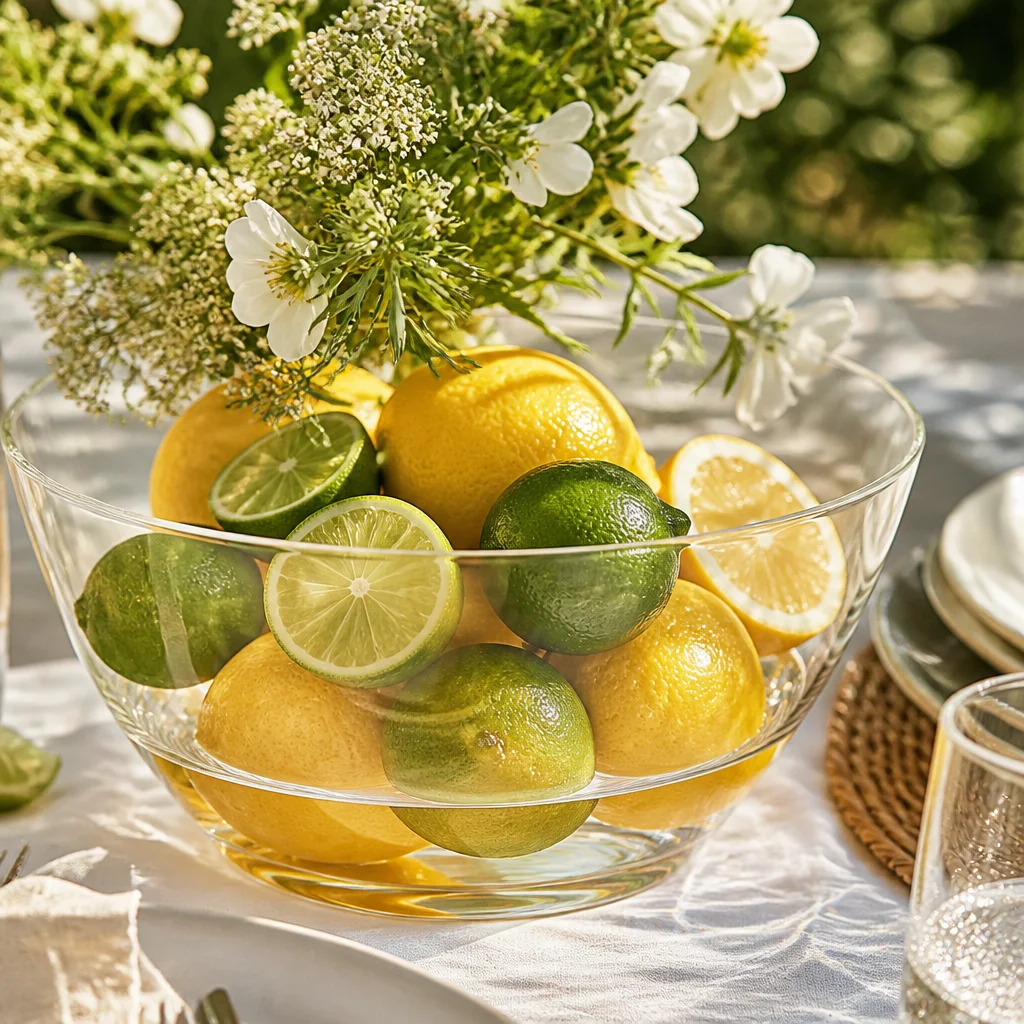 Summer table centerpiece with bright citrus arranged in clear glass and casual flowers