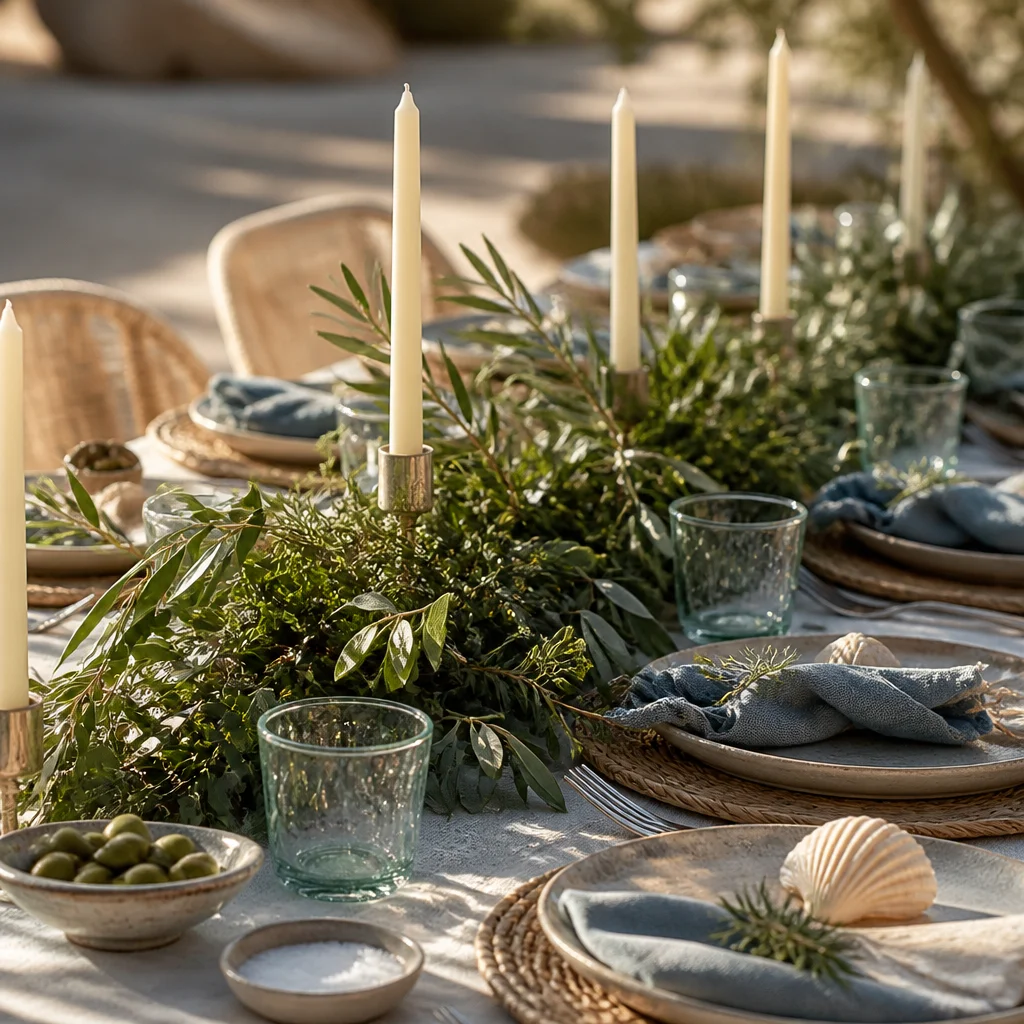 Long summer centerpiece of green foliage herbs and candles on a relaxed table