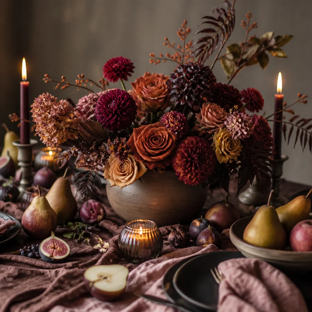 Autumn centerpiece with pears figs flowers and warm candlelight on a dining table
