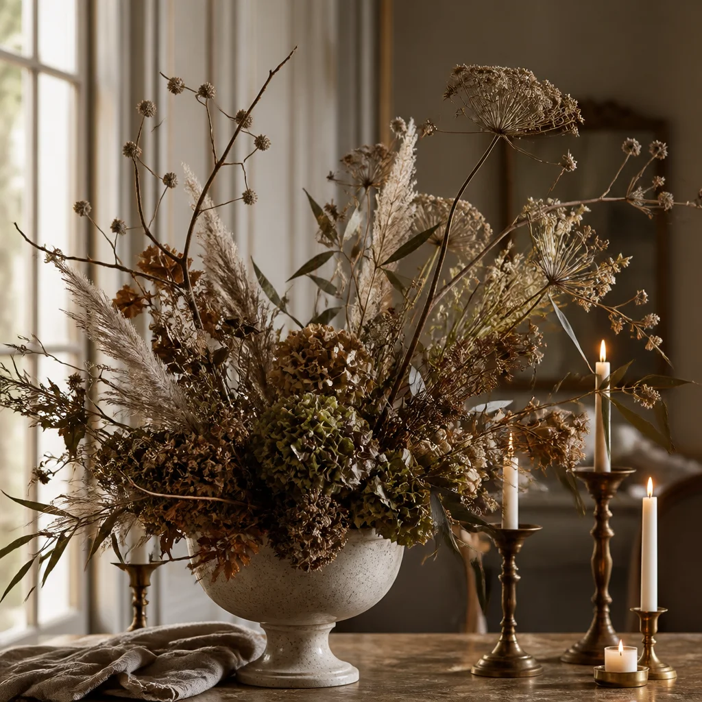 Late-fall arrangement with branches dried botanicals and muted candlelit styling