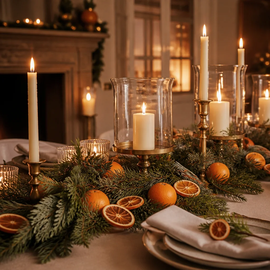Winter table centerpiece with evergreen branches citrus and glowing candles