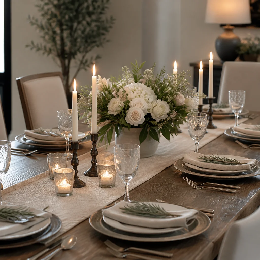 Balanced year-round tablescape with centerpiece candles and open space for dining
