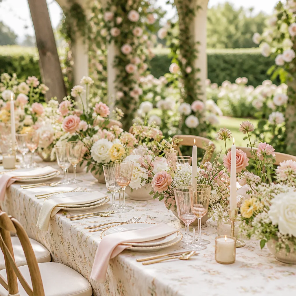 Garden bridal shower table with blush, cream, and green styling in a botanical outdoor setting