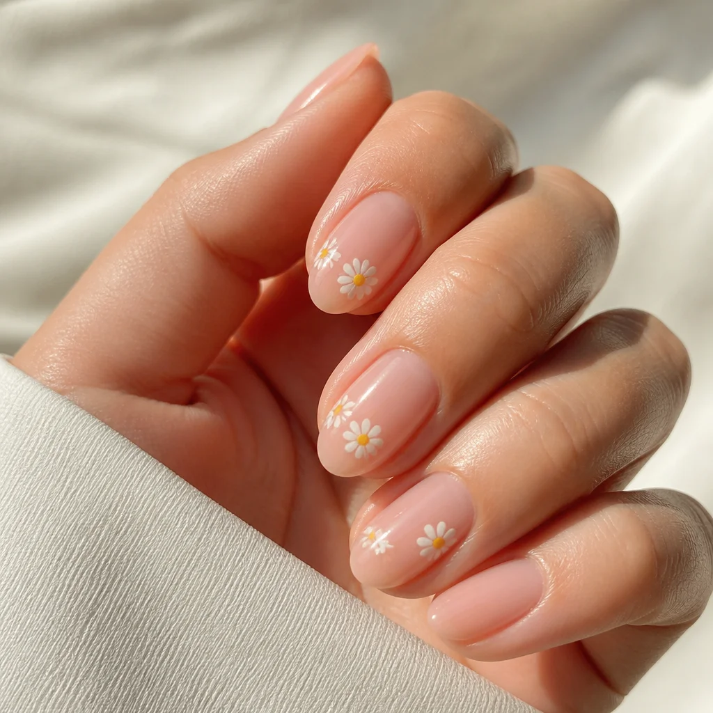 Sheer nude nails with tiny white daisy accents styled for an everyday floral manicure