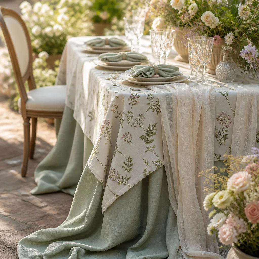 Layered floral table linens and cloth napkins styled on a romantic outdoor bridal shower table