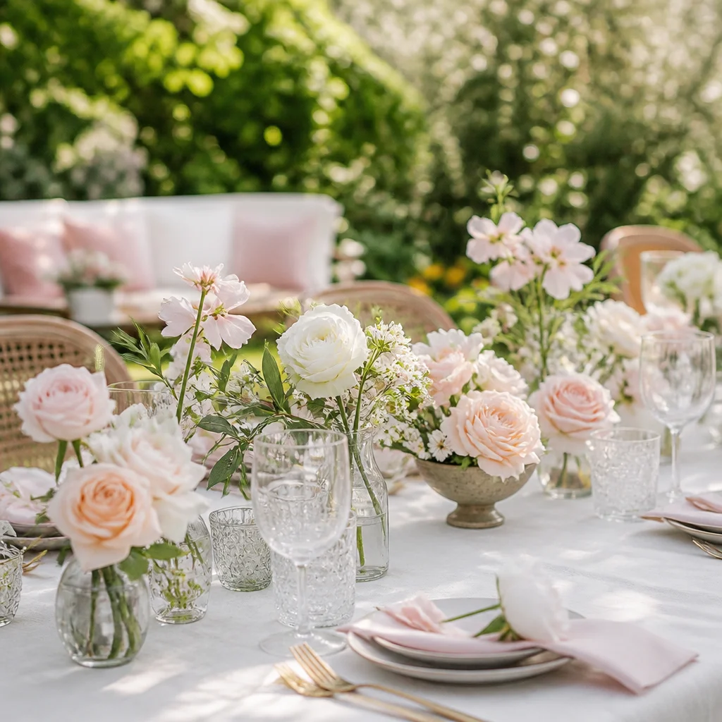 Low garden flower centerpieces arranged in small vessels along a daytime celebration table
