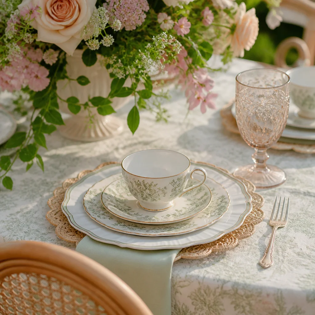 Vintage-inspired bridal shower place setting with teacup, layered plates, and pressed glass