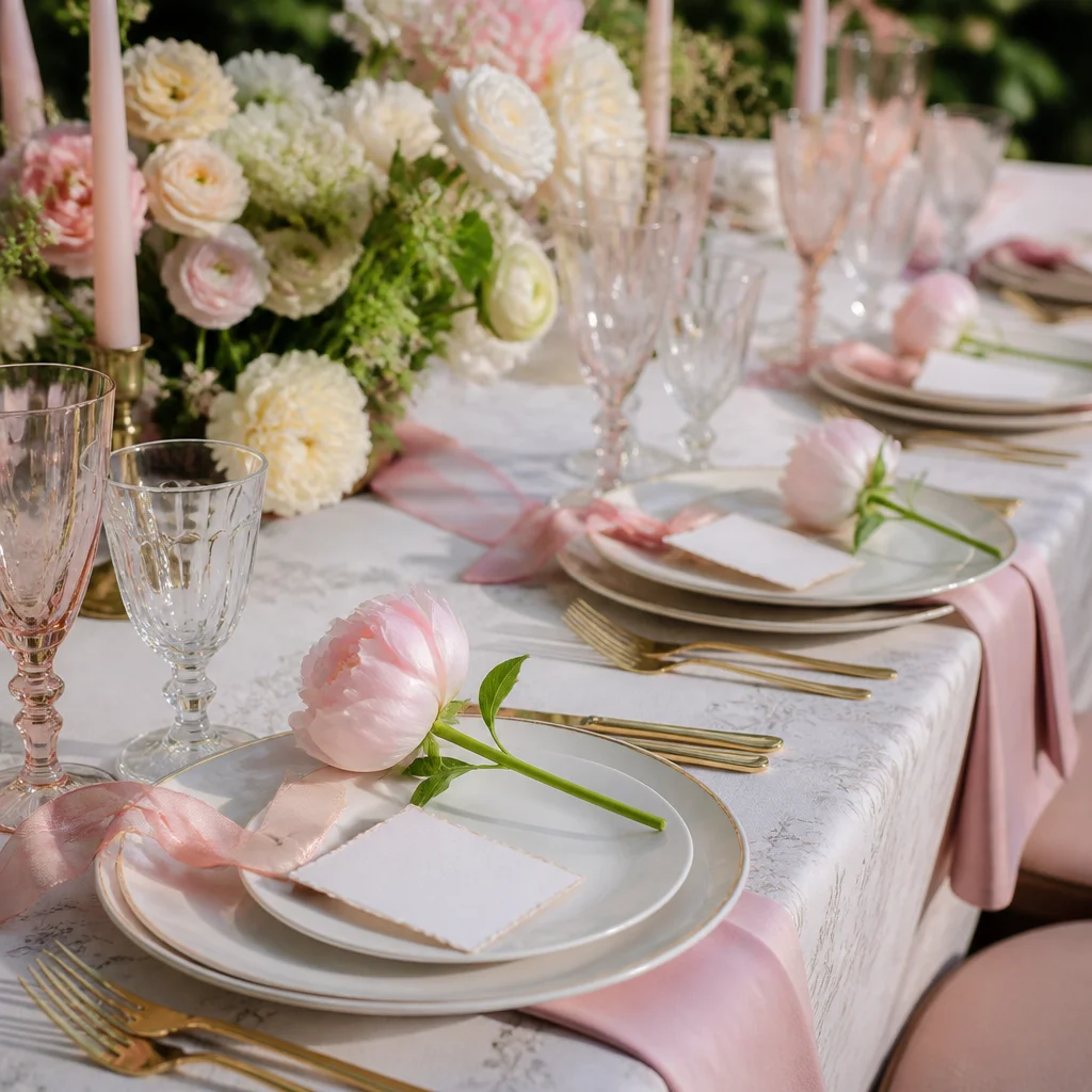Personalized place settings with handwritten name cards and floral accents at a garden table