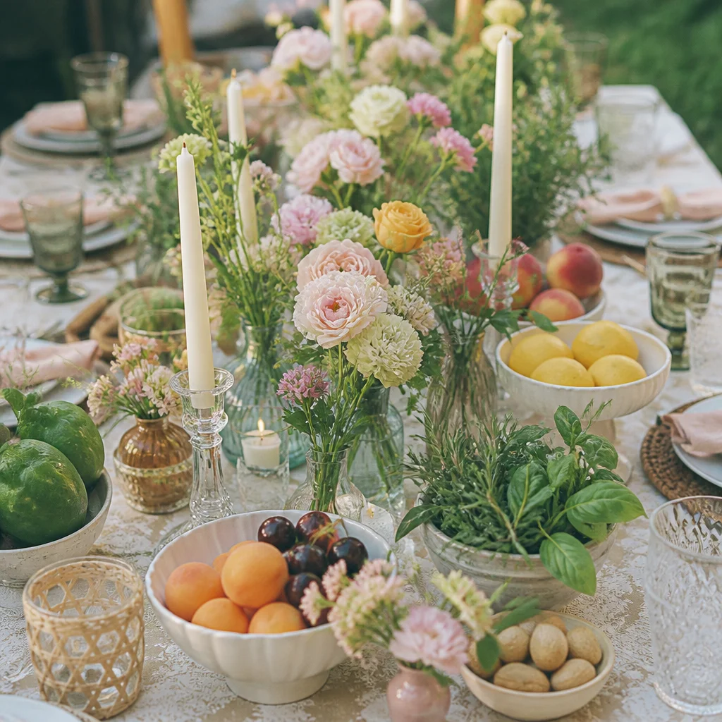 Garden table centerpiece with flowers, fruit, and candles styled for an elegant daytime shower