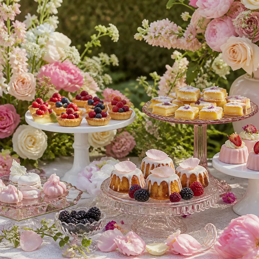 Seasonal bridal shower desserts including tarts and tea cakes displayed on pretty cake stands