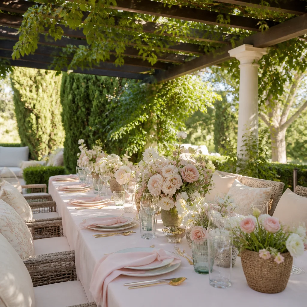 Outdoor bridal shower table arranged in comfortable shade with spacious seating and soft details