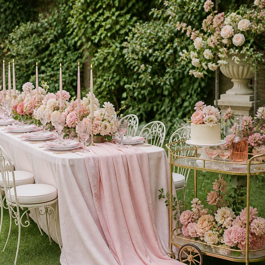 End-of-table focal point with flowers and dessert creating a photo-ready bridal shower scene