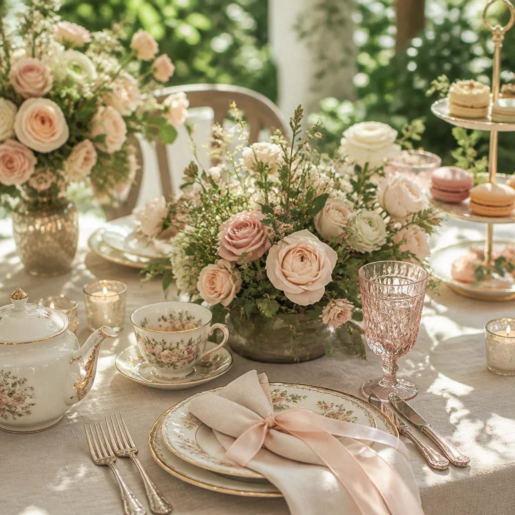 Elegant garden tea bridal shower table in blush, cream, and sage with low florals and china