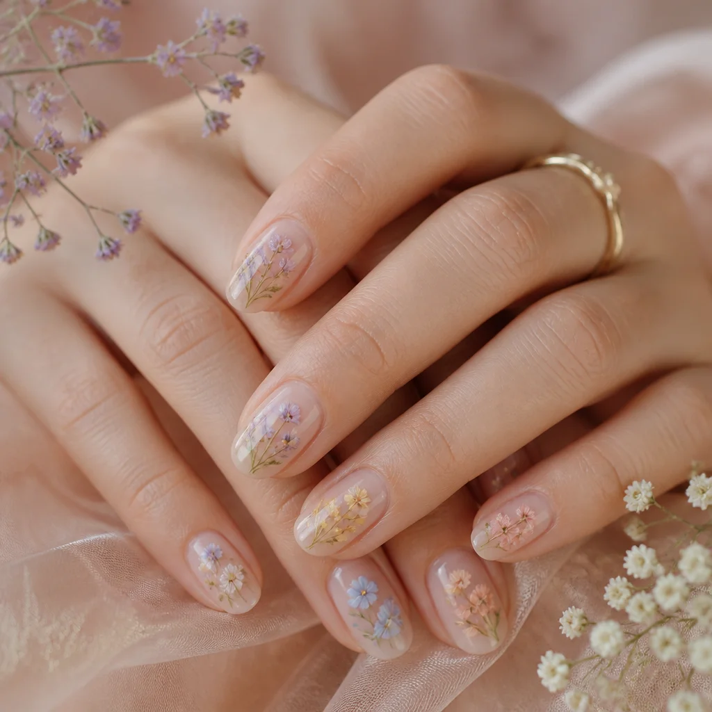 Delicate pressed-flower inspired nail art on a translucent neutral base with pastel blossoms