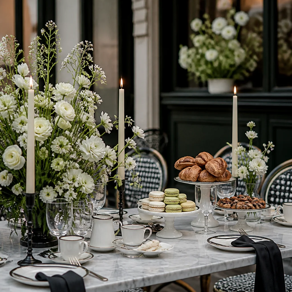 Chic Parisian café style bridal shower with pastries, porcelain cups, and black ivory accents