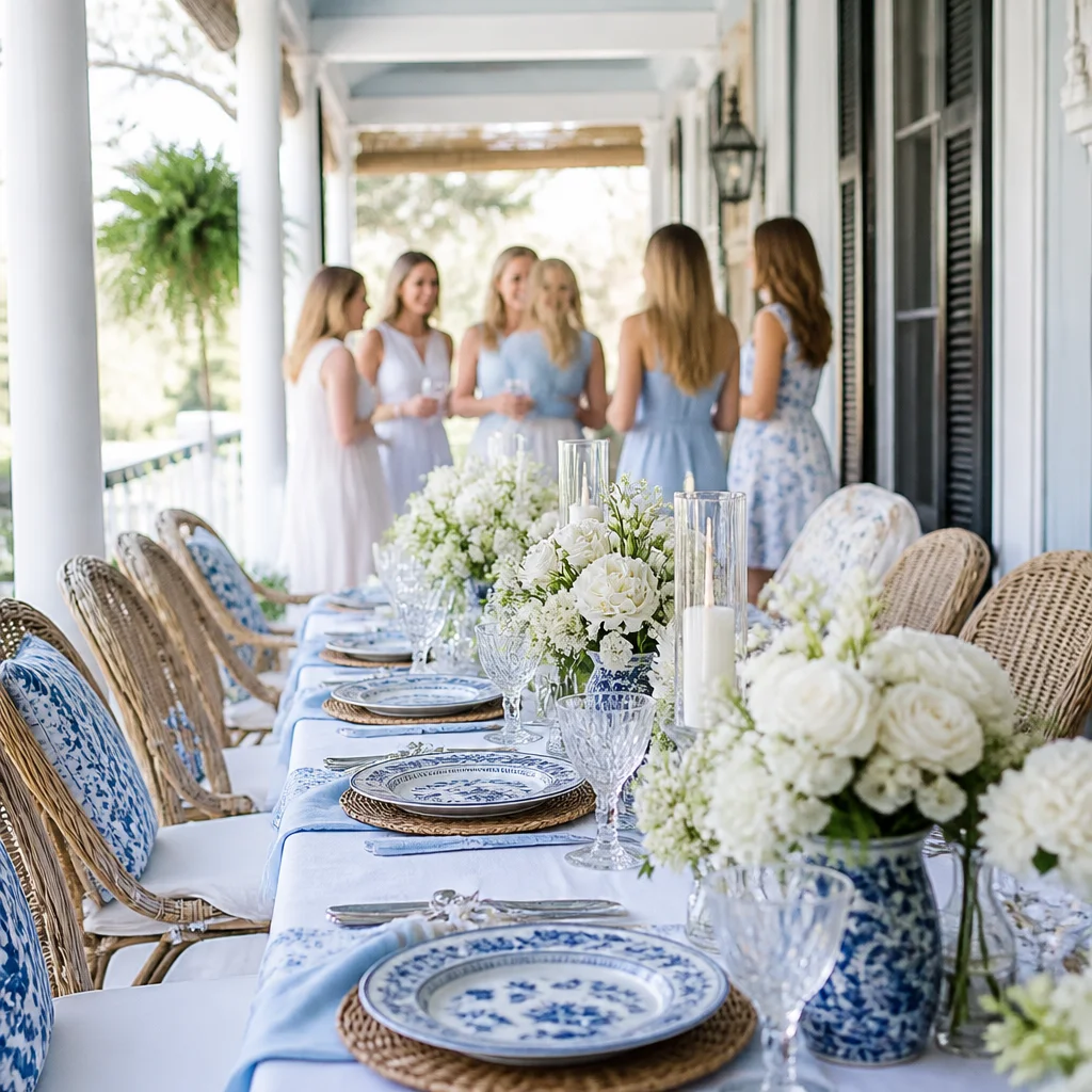 Blue and white porch luncheon setup with wicker seating, soft florals, and patterned plates