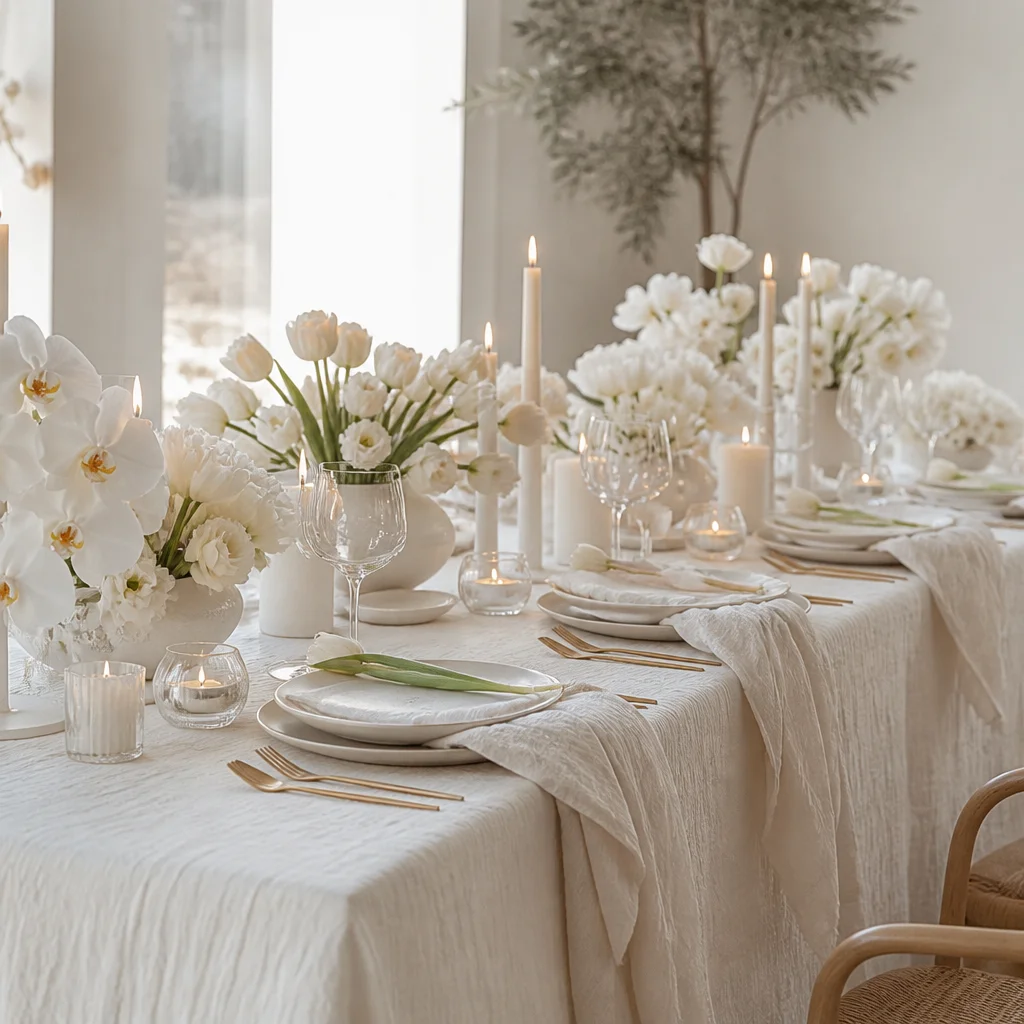 Monochrome white bridal shower table with layered textures, candles, and white flowers