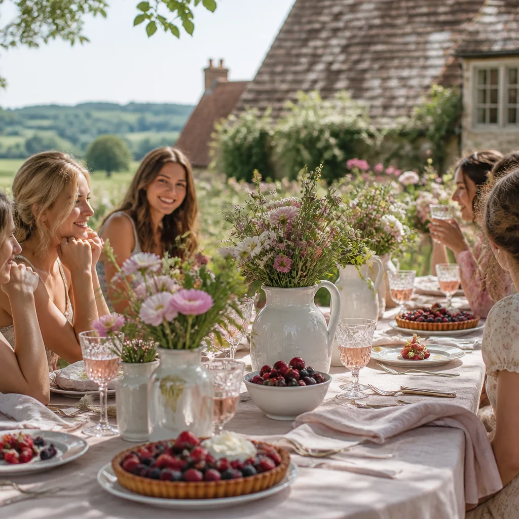 English countryside pastel shower table with meadow flowers and relaxed outdoor styling