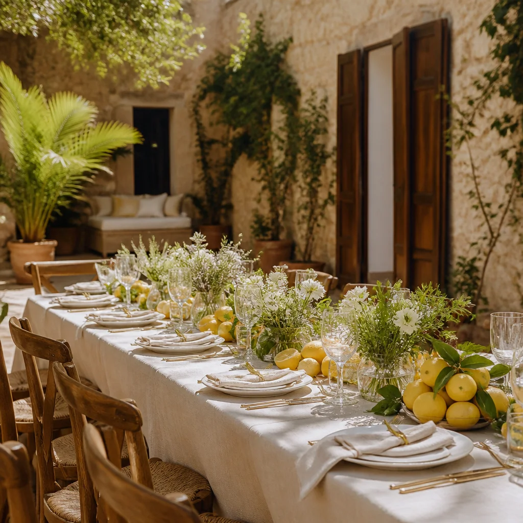 Courtyard bridal shower with linen tablecloth, citrus accents, and warm natural light
