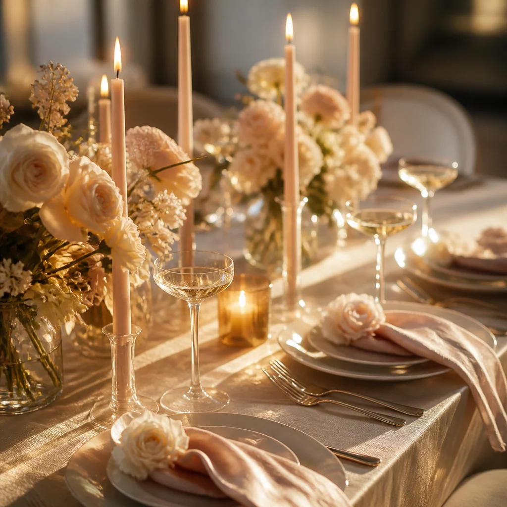 Soft evening bridal shower in champagne and pearl tones with candles and delicate glassware