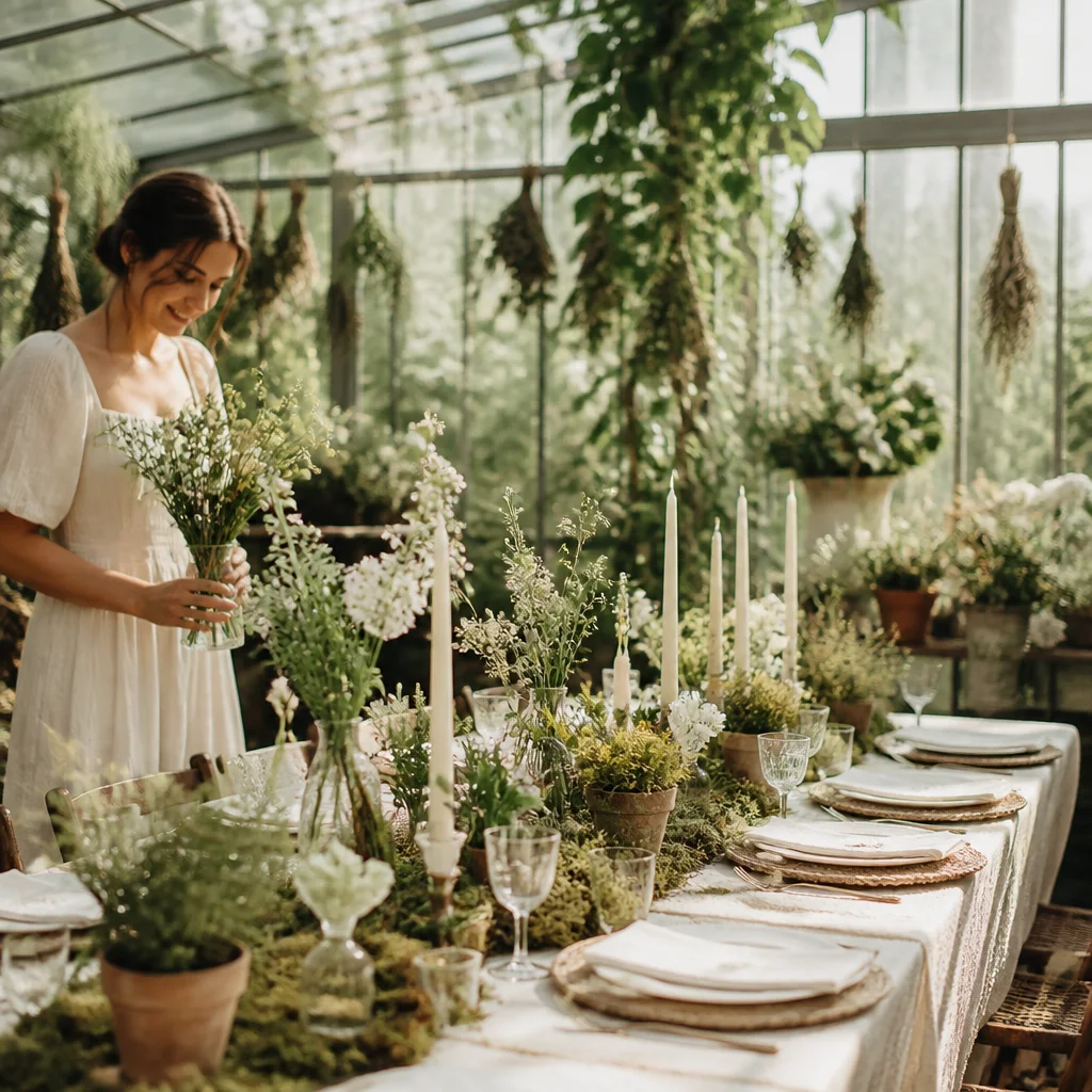 Greenhouse-inspired bridal shower with herb details, elegant paper goods, and green florals