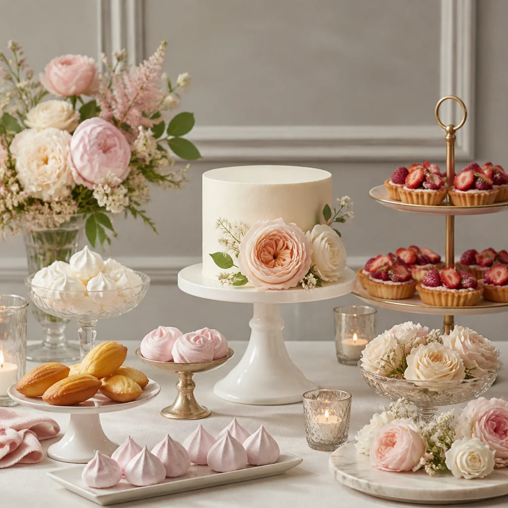Refined bridal shower dessert table with tiered pastries, cake, and cohesive styling