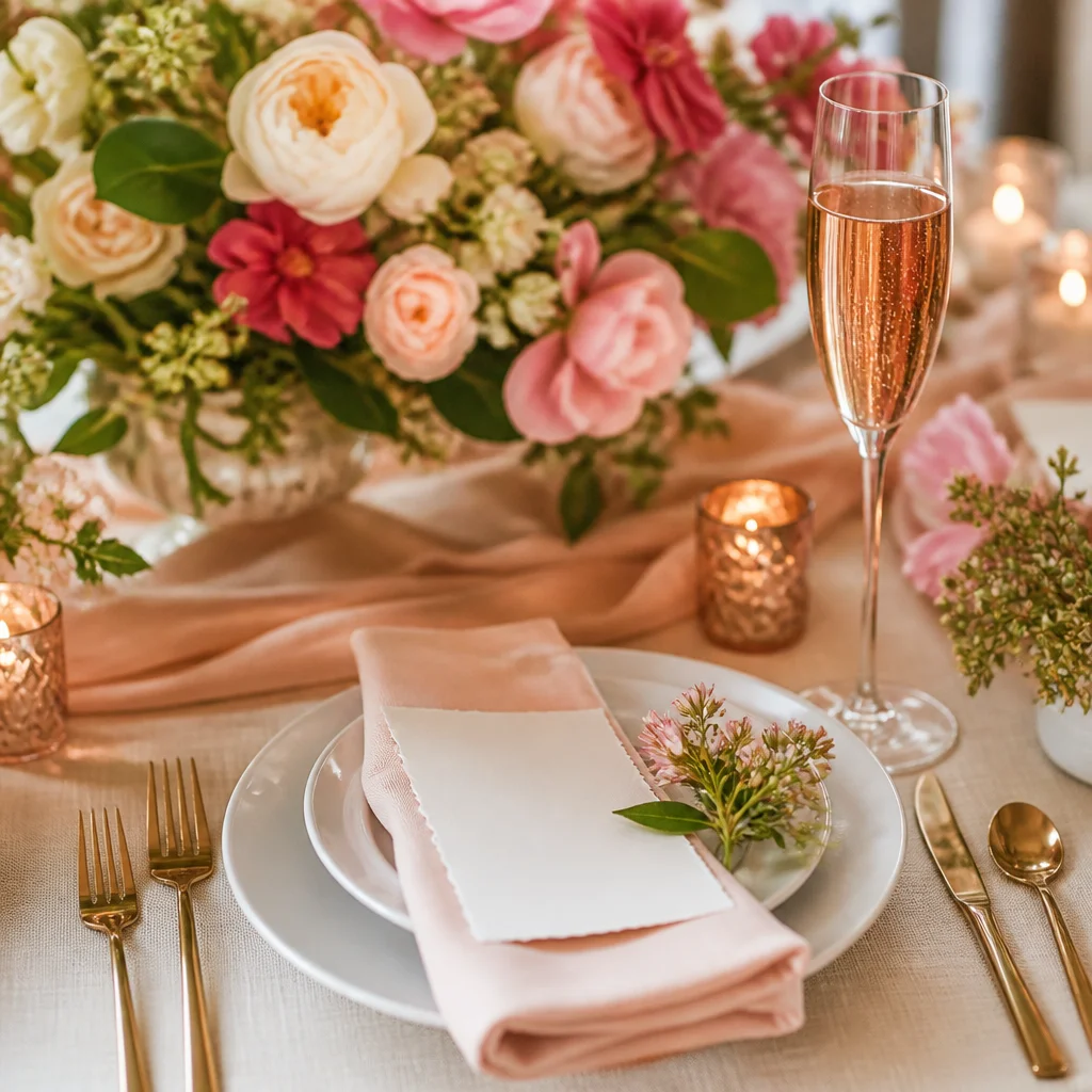 Close-up of elegant bridal shower place setting with menu card, drink, and floral accent