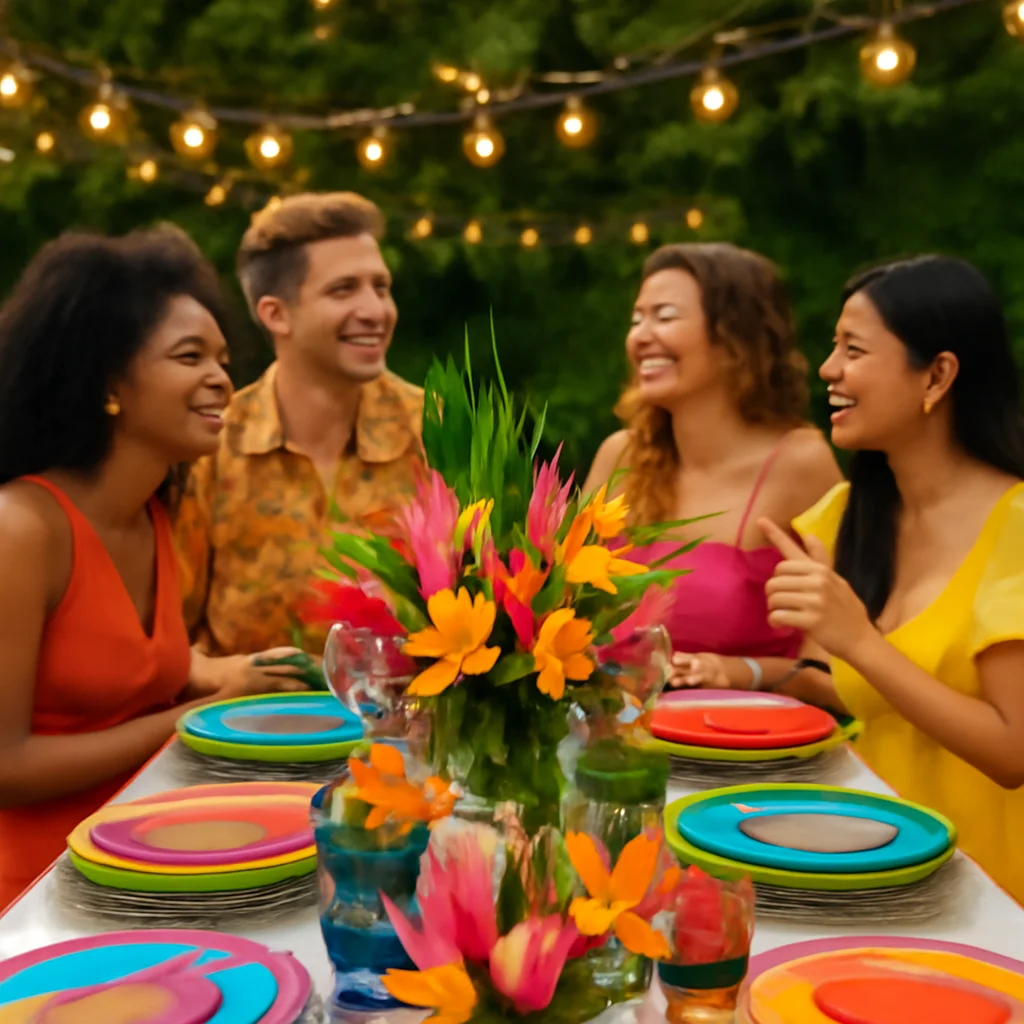 Outdoor summer party setup with colorful tableware and string lights