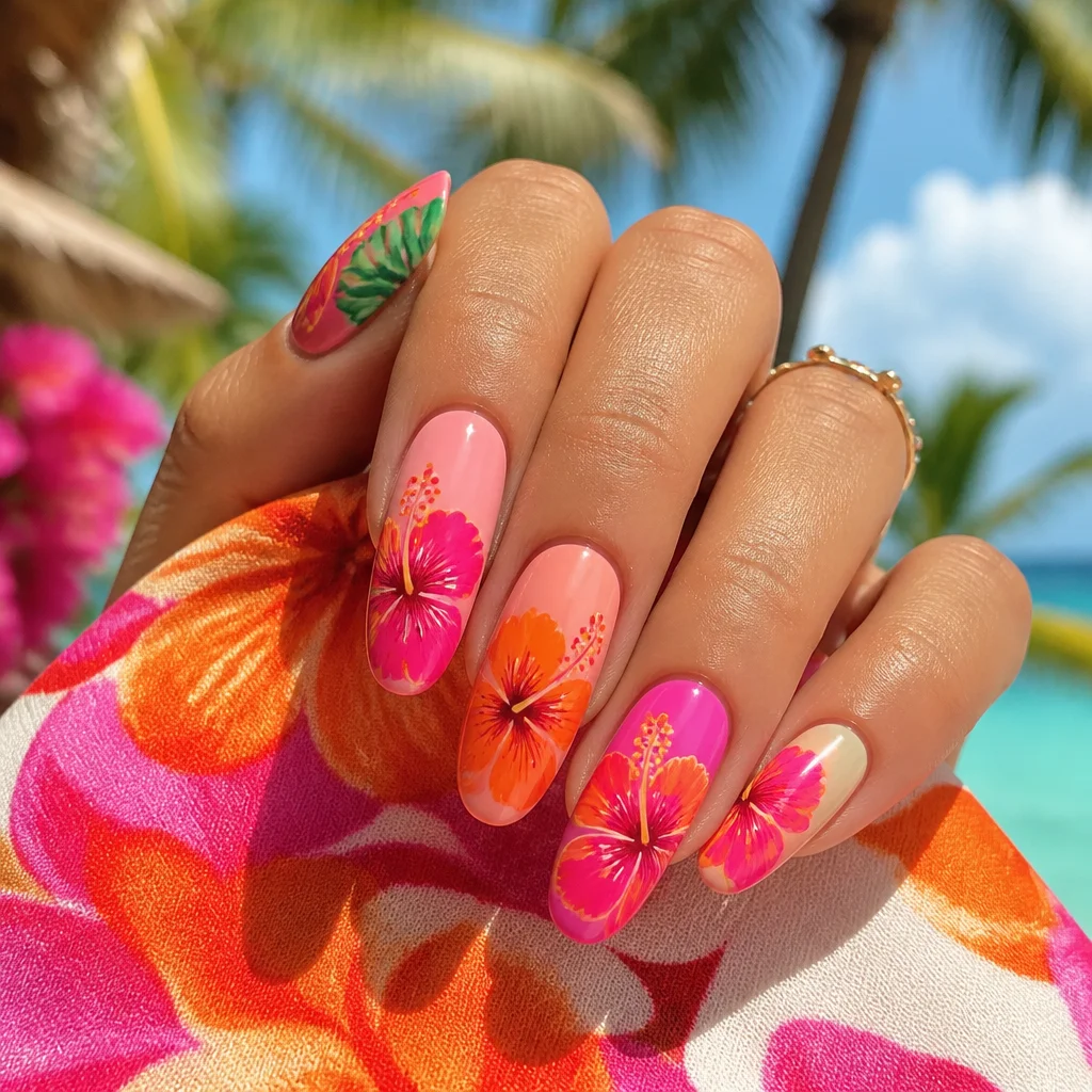 Bright tropical floral nail design with bold hibiscus-style blooms in vivid summer colors