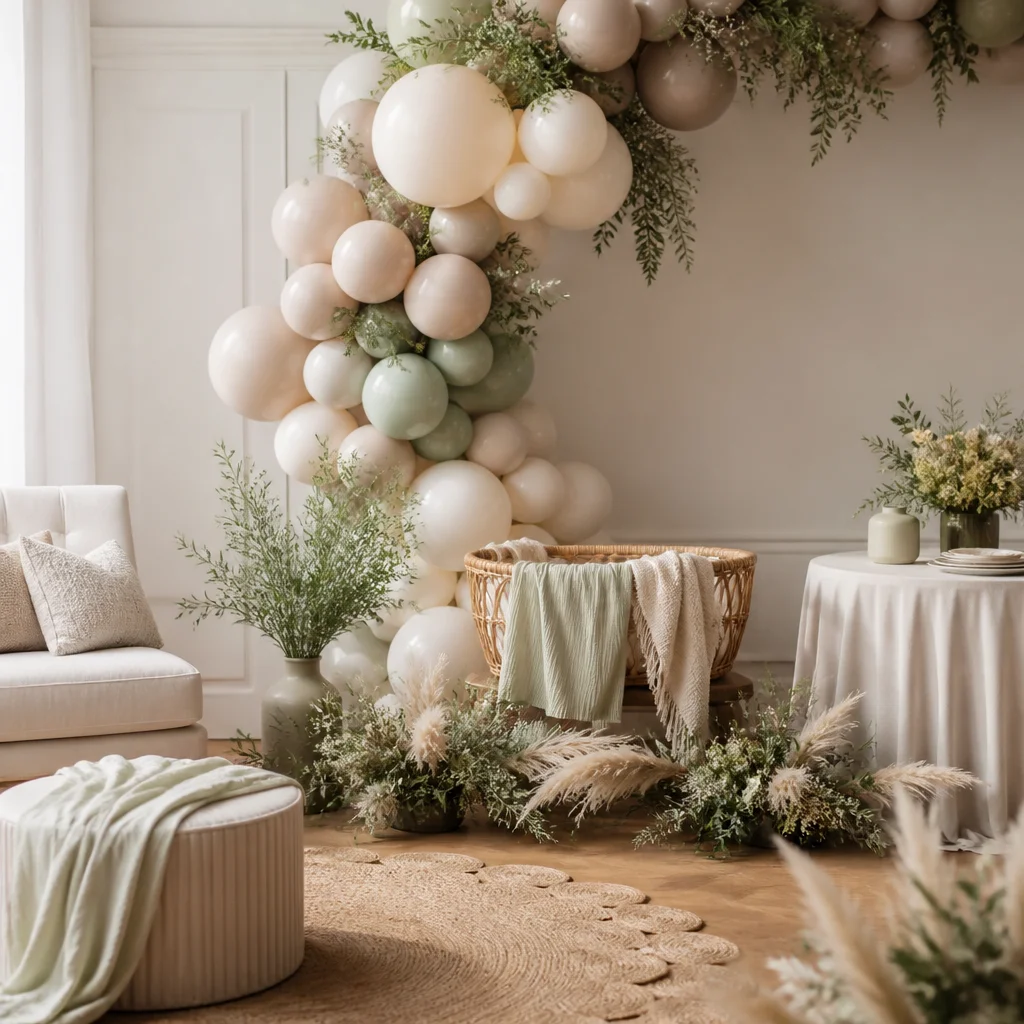 Montaje de baby shower moderno y suave en tonos beige, marfil, salvia y arcilla