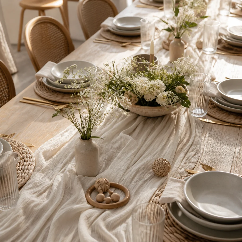 Mesa de baby shower con texturas naturales, camino de lino, bajoplatos tejidos y cerámica