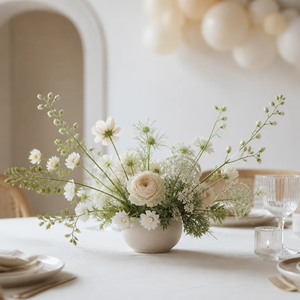 Arreglo floral discreto con tallos ligeros y flores neutras suaves para un baby shower