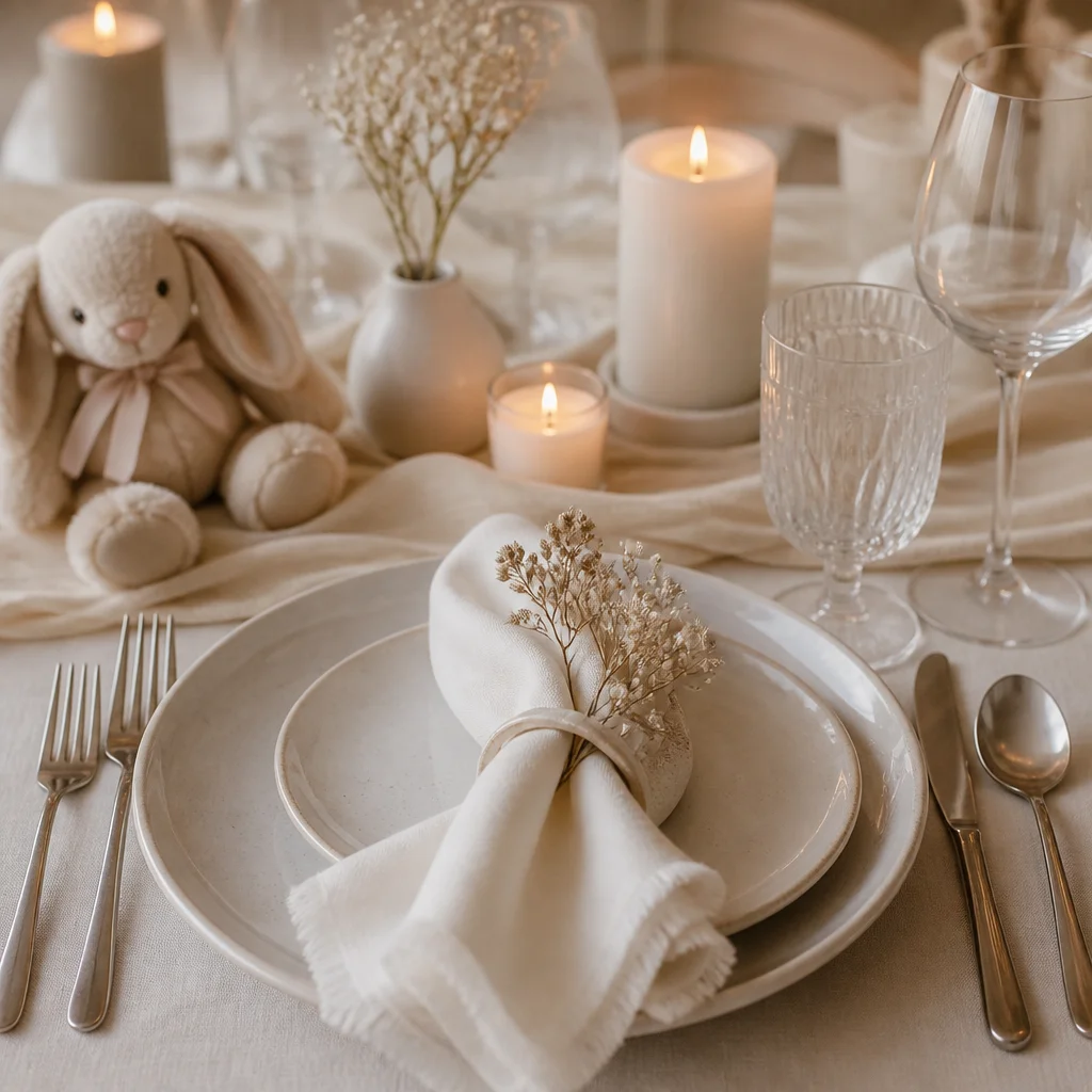 Puesto de mesa para baby shower con capas, servilleta suave, velas y decoración moderna