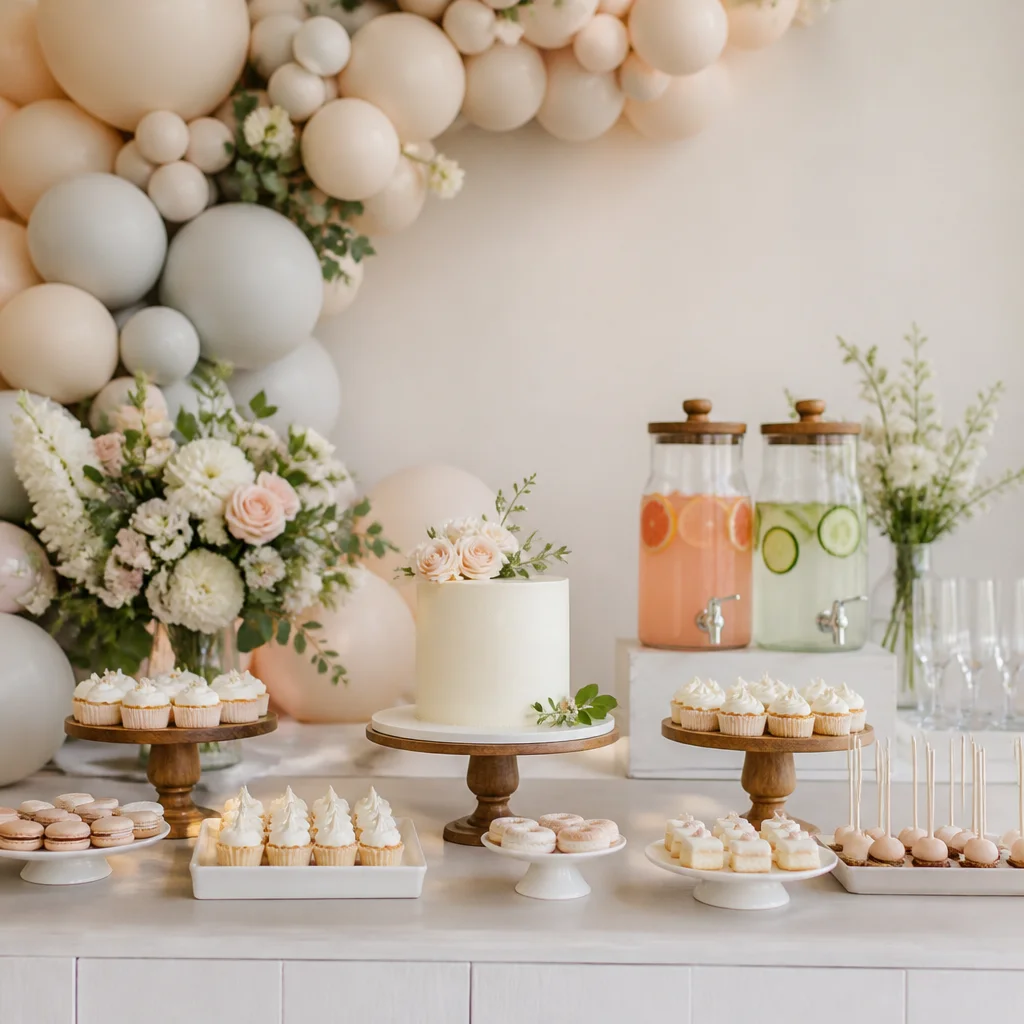 Estación moderna de postres y bebidas para baby shower en tonos neutros suaves