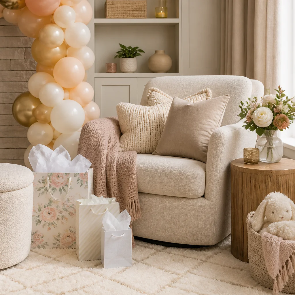 Rincón acogedor de baby shower con sillón neutro, cojines y acentos decorativos suaves