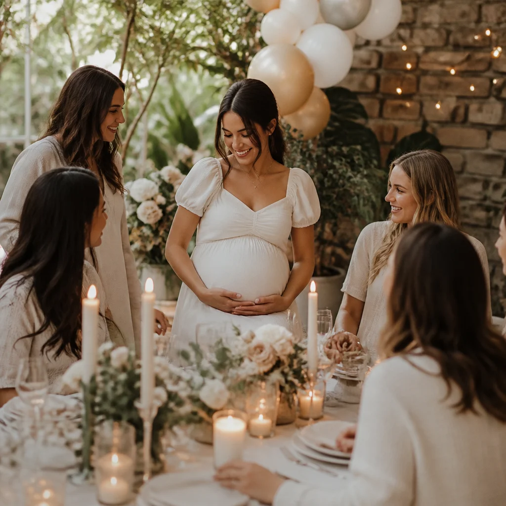 Iluminación ambiental cálida en un baby shower con velas y suave brillo al atardecer